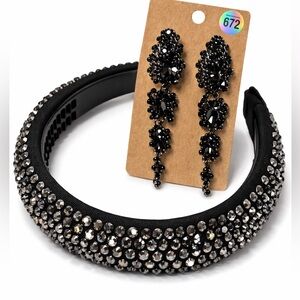 Elegant Black Rhinestone Headband and Earring Set